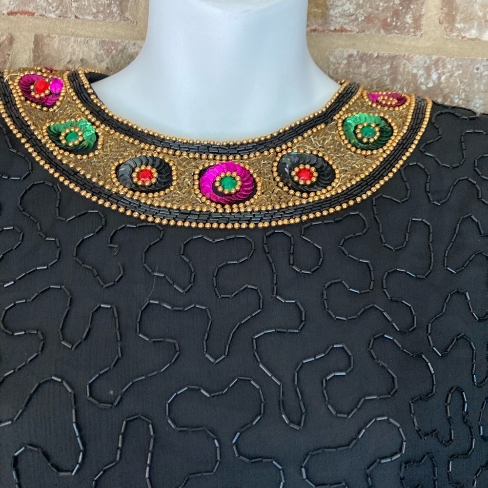 Vintage 80s beaded blouse Lawrence Kazar black Size Large - Picture 5 of 8